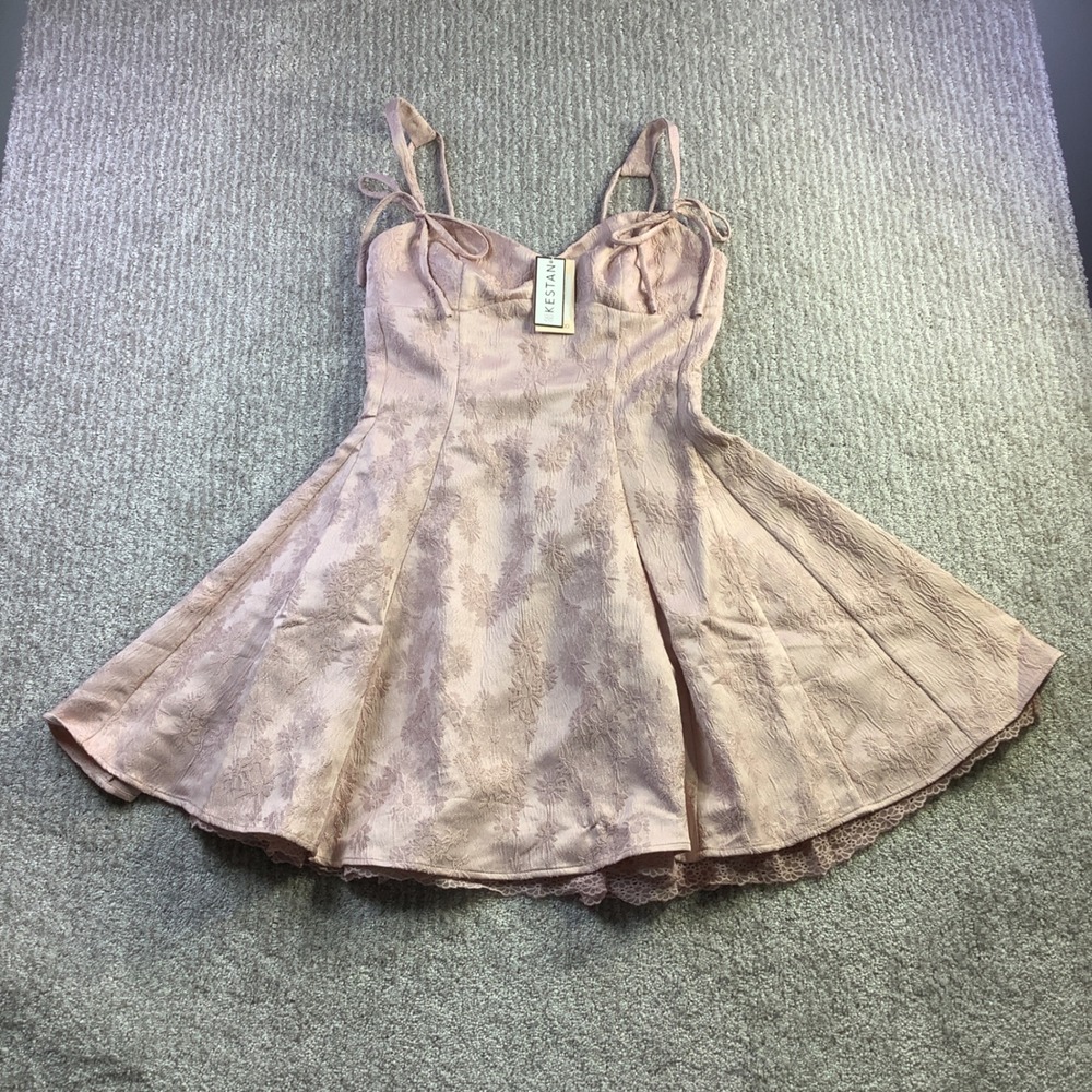 Kestan Daniela Pink Floral Jacquard Fit & Flare Mini Dress Lace Trim Size M NWT